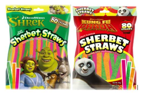 Sherbet Straws Shrek & Kung Fu Panda 80 packs MIXED Case x 24