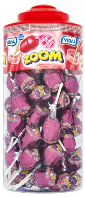 Vidal Wrapped Zoom Lollies Cola Filled With Bubblegum Flavour Jar 50s